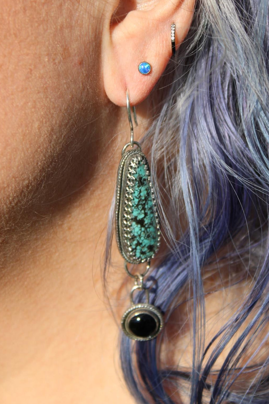 Blackjack Turquoise & Black Onyx Antiqued Sterling Silver Dangle Earrings | One of a Kind Handmade Earrings | Turquoise Jewelry | Statement Earrings | for Protection, Strength & Clarity