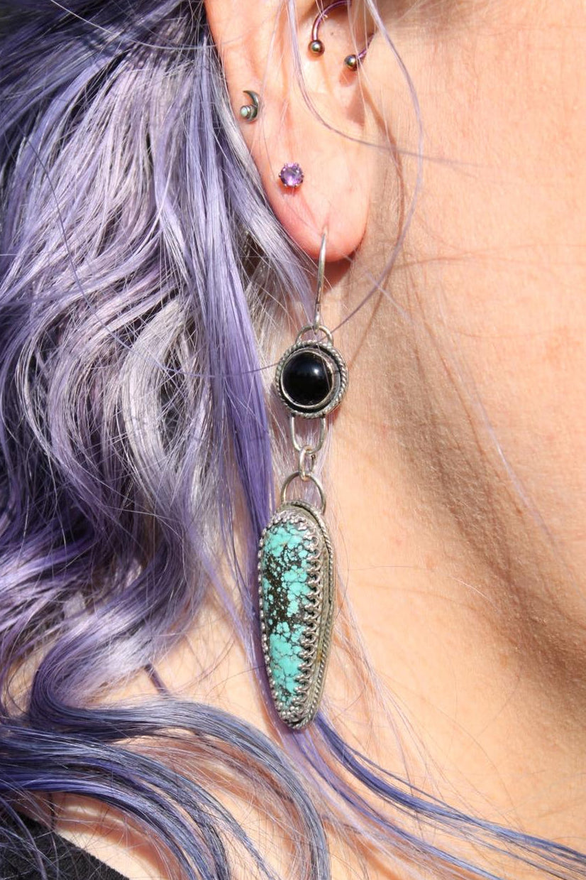 Blackjack Turquoise & Black Onyx Antiqued Sterling Silver Dangle Earrings | One of a Kind Handmade Earrings | Turquoise Jewelry | Statement Earrings | for Protection, Strength & Clarity