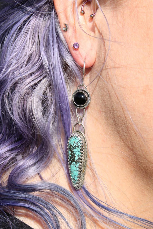 Blackjack Turquoise & Black Onyx Antiqued Sterling Silver Dangle Earrings | One of a Kind Handmade Earrings | Turquoise Jewelry | Statement Earrings | for Protection, Strength & Clarity
