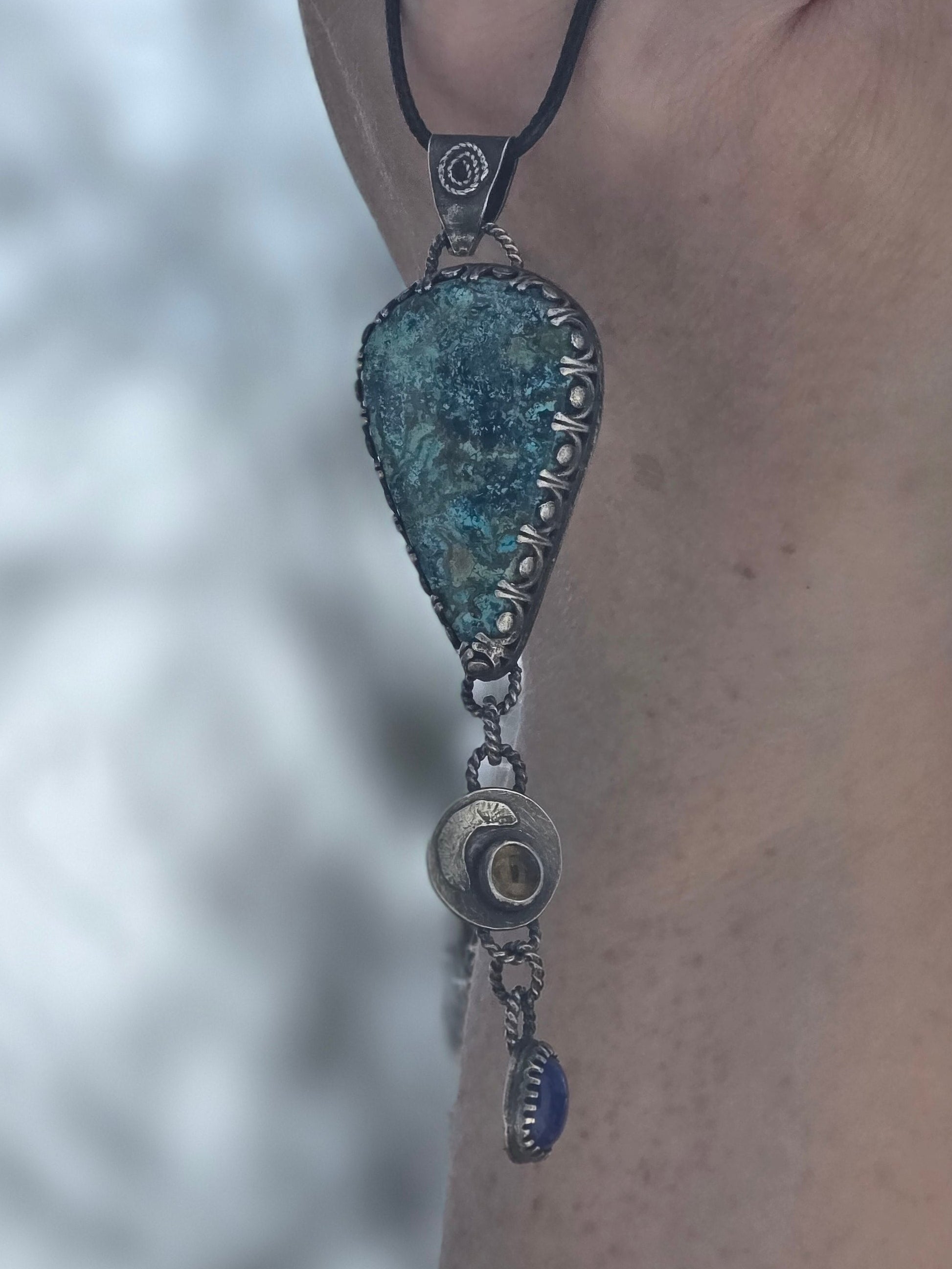 Shattuckite, Golden Citrine & Lapis Lazuli Sterling & Fine Silver Antiqued Artisan Dangle Pendant for intuition, abundance and clarity