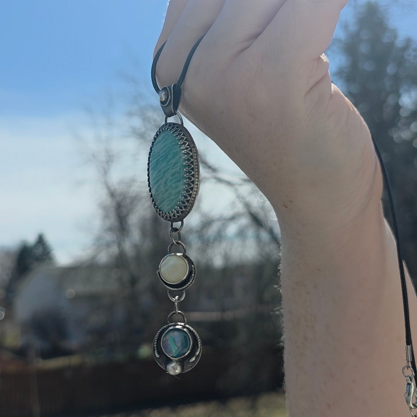 Amazonite & Abalone Oxidized Sterling & Fine Silver Artisan Dangle Pendant (One-of-a-kind) for truth, courage and healing.