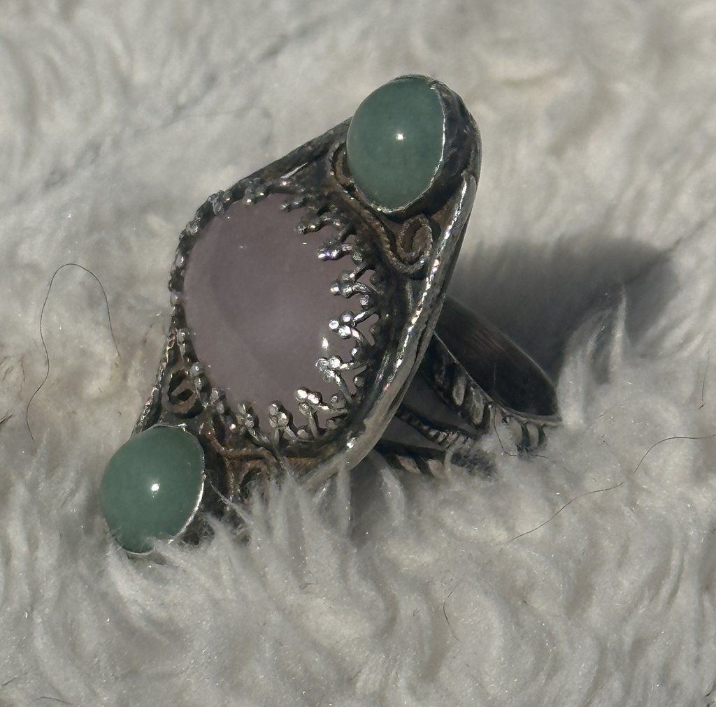 Rose Quartz & Green Aventurine Sterling Silver Filigree Ring | Three Stone Boho Crystal Ring | Handcrafted Gemstone Artisan for love, luck, and emotional well-being.