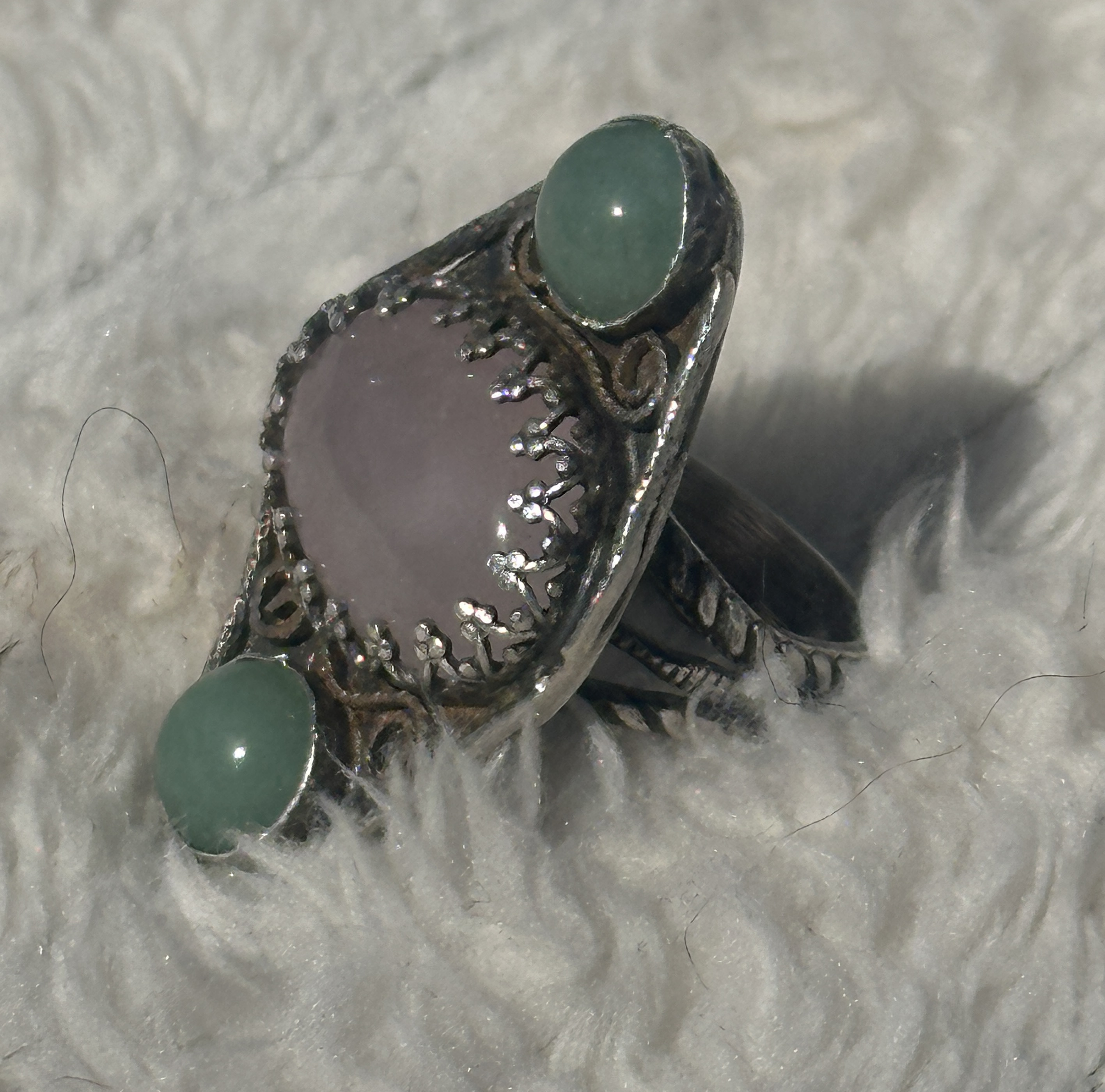 Rose Quartz & Green Aventurine Sterling Silver Filigree Ring | Three Stone Boho Crystal Ring | Handcrafted Gemstone Artisan for love, luck, and emotional well-being.