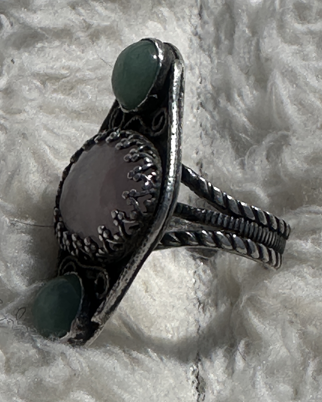 Rose Quartz & Green Aventurine Sterling Silver Filigree Ring | Three Stone Boho Crystal Ring | Handcrafted Gemstone Artisan for love, luck, and emotional well-being.