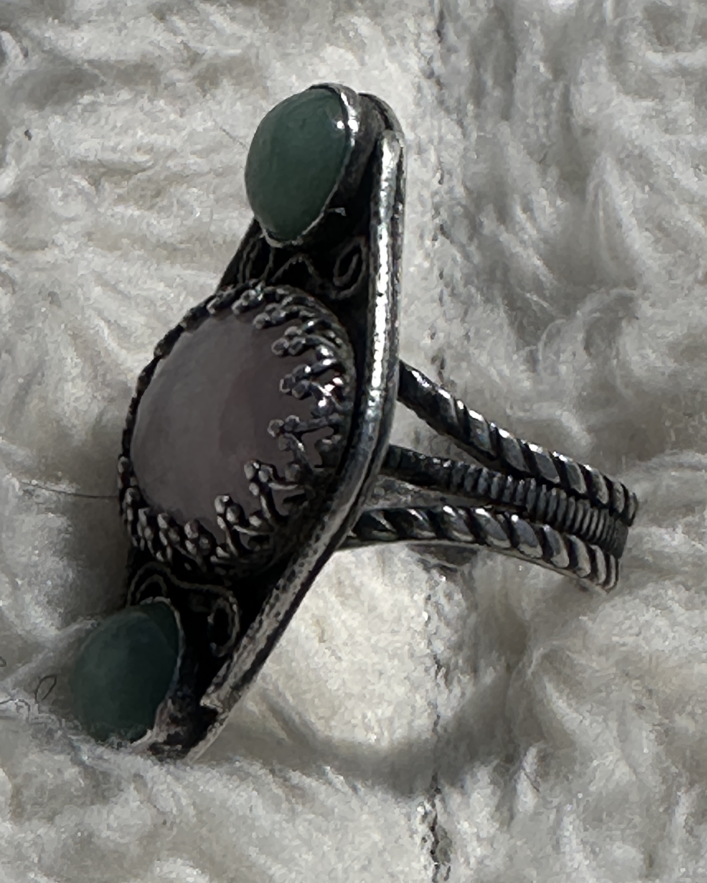 Rose Quartz & Green Aventurine Sterling Silver Filigree Ring | Three Stone Boho Crystal Ring | Handcrafted Gemstone Artisan for love, luck, and emotional well-being.