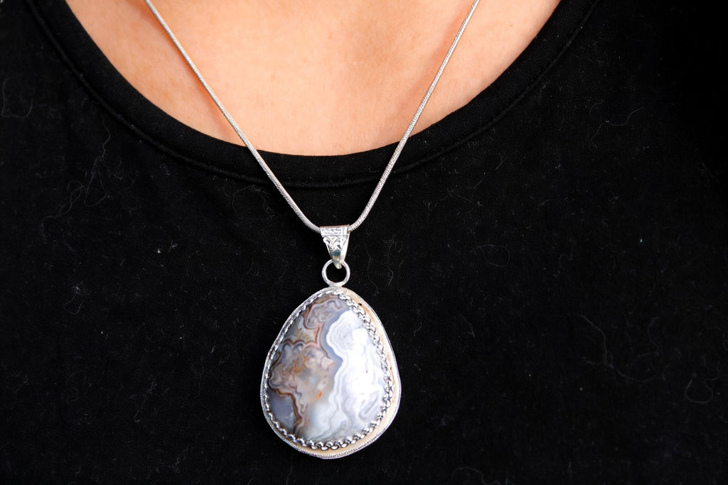 Crazy Lace Agate Pear Shaped Pendant with Elegant Sterling Silver Adornments, Artisan One-of-a-kind to promote joy and help with anxiety