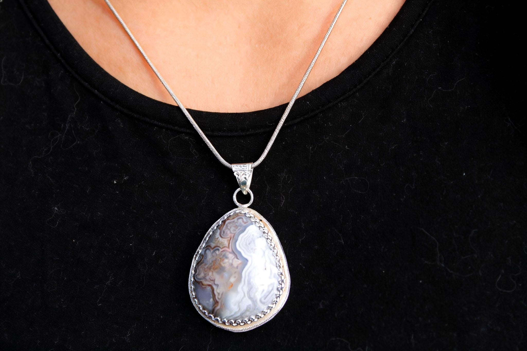 Crazy Lace Agate Pear Shaped Pendant with Elegant Sterling Silver Adornments, Artisan One-of-a-kind to promote joy and help with anxiety
