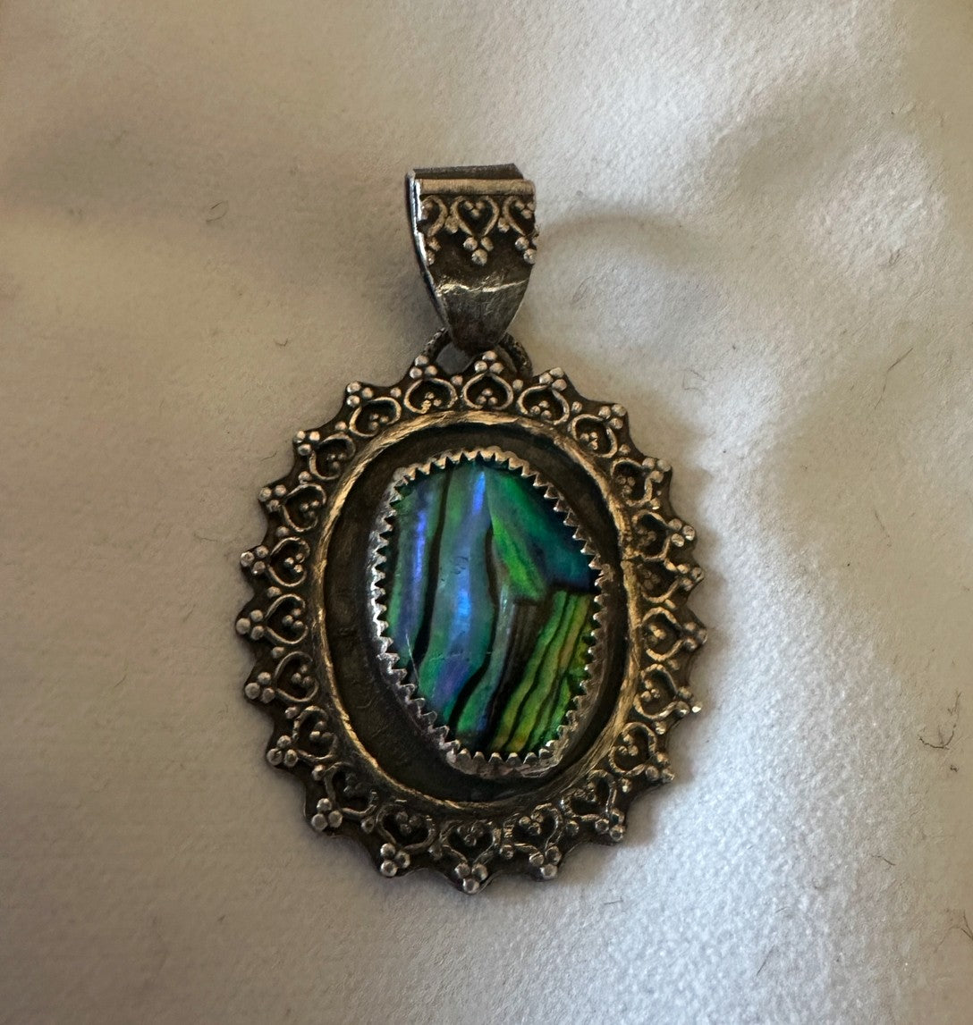Abalone Shell Oval Flower Pendant in Antiqued Sterling Silver (925) One-of-a-kind artisan piece - for wisdom and healing