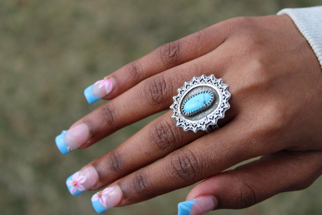 Kingman Turquoise Sterling and Fine Silver Flower Sunburst Statement Ring Size 7.5 | Oxidized Artisan Statement Ring | Handcrafted Boho Crystal Ring for peace, calm, protection and wisdom.