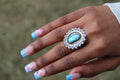Kingman Turquoise Sterling and Fine Silver Flower Sunburst Statement Ring Size 7.5 | Oxidized Artisan Statement Ring | Handcrafted Boho Crystal Ring for peace, calm, protection and wisdom.