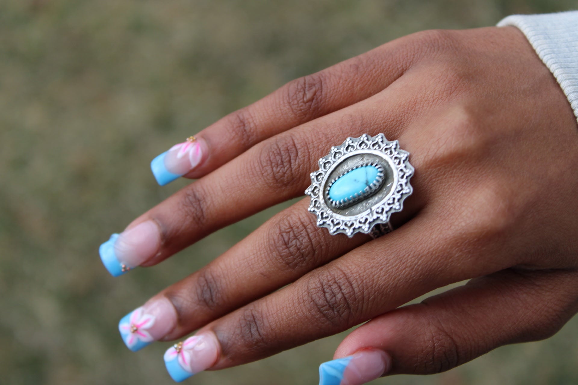 Kingman Turquoise Sterling and Fine Silver Flower Sunburst Statement Ring Size 7.5 | Oxidized Artisan Statement Ring | Handcrafted Boho Crystal Ring for peace, calm, protection and wisdom.
