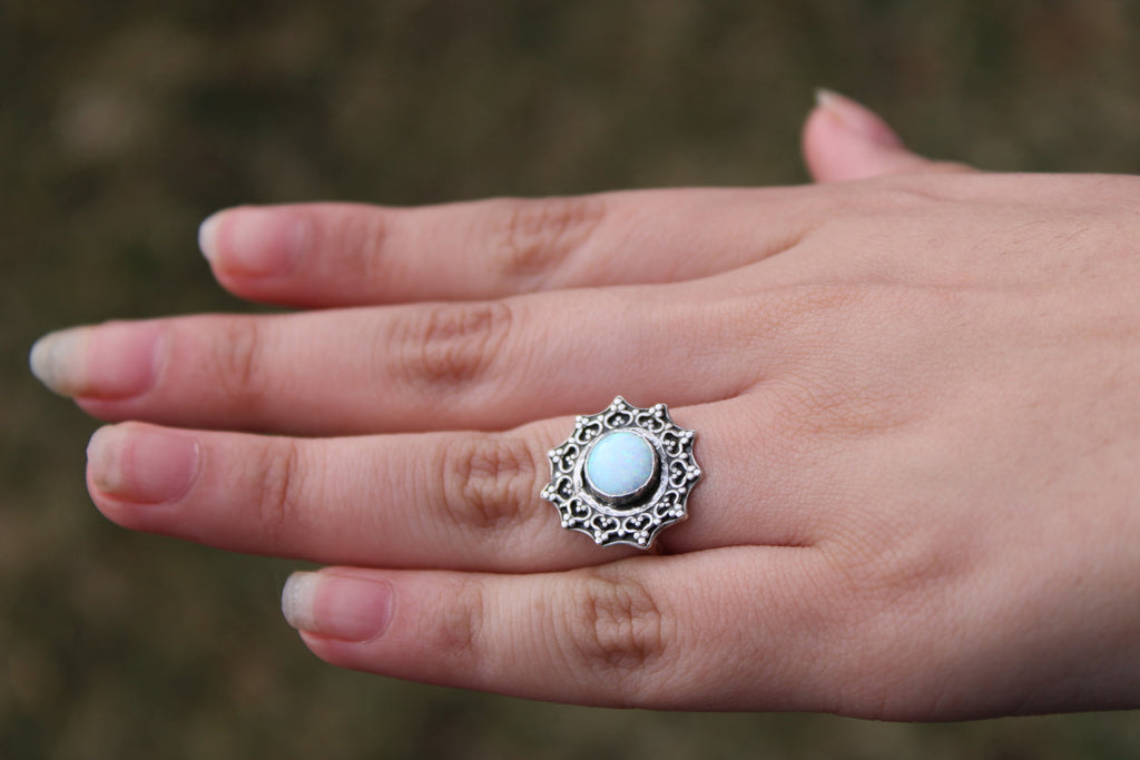 Kyocera White Opal Sterling and Fine Silver Flower Ring size 5.5 | Handcrafted Filigree Statement Ring | Artisan Boho Ring for Inspiration & Transformation.