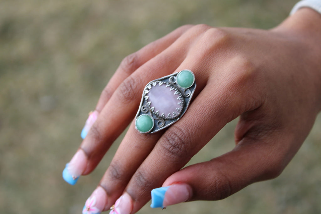Rose Quartz & Green Aventurine Sterling Silver Filigree Ring | Three Stone Boho Crystal Ring | Handcrafted Gemstone Artisan for love, luck, and emotional well-being.