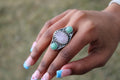 Rose Quartz & Green Aventurine Sterling Silver Filigree Ring | Three Stone Boho Crystal Ring | Handcrafted Gemstone Artisan for love, luck, and emotional well-being.