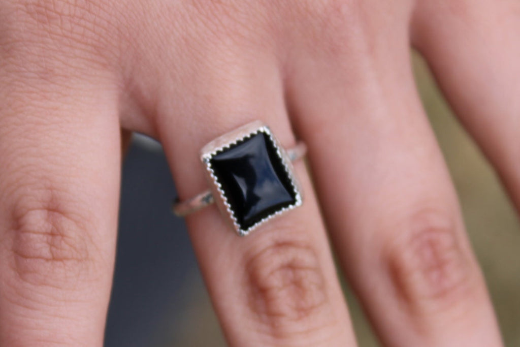 Black Onyx Simple Protection Ring in Sterling Silver Size 8