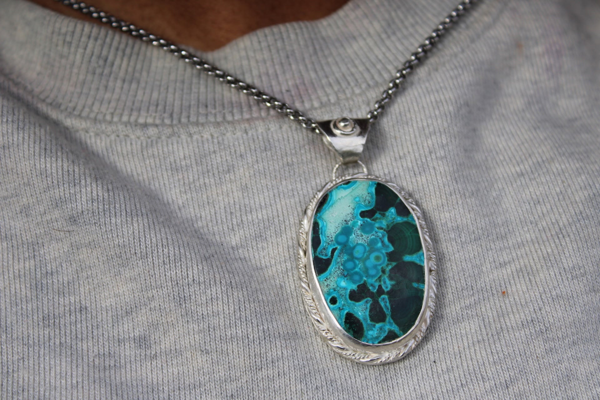 Chrysocolla in Malachite Sterling Silver Pendant Artisan One-of-a-kind Talisman for healers - for clarity of voice and the courage of the heart
