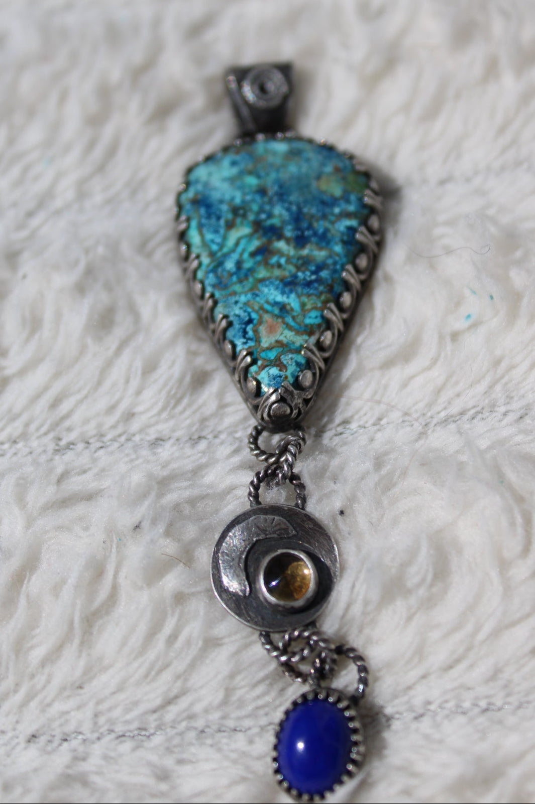 Shattuckite, Golden Citrine & Lapis Lazuli Sterling & Fine Silver Antiqued Artisan Dangle Pendant for intuition, abundance and clarity