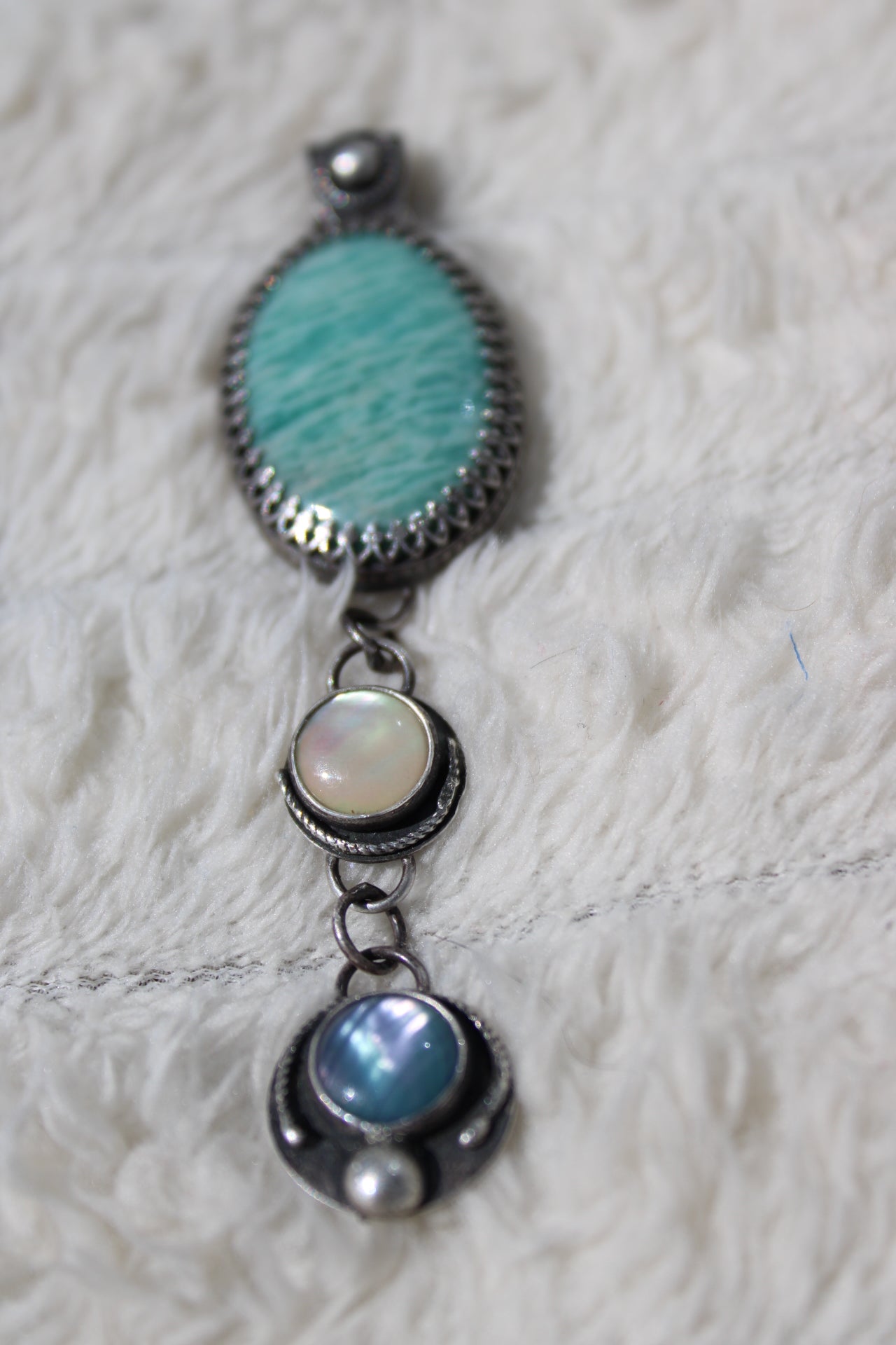 Amazonite & Abalone Oxidized Sterling & Fine Silver Artisan Dangle Pendant (One-of-a-kind) for truth, courage and healing.