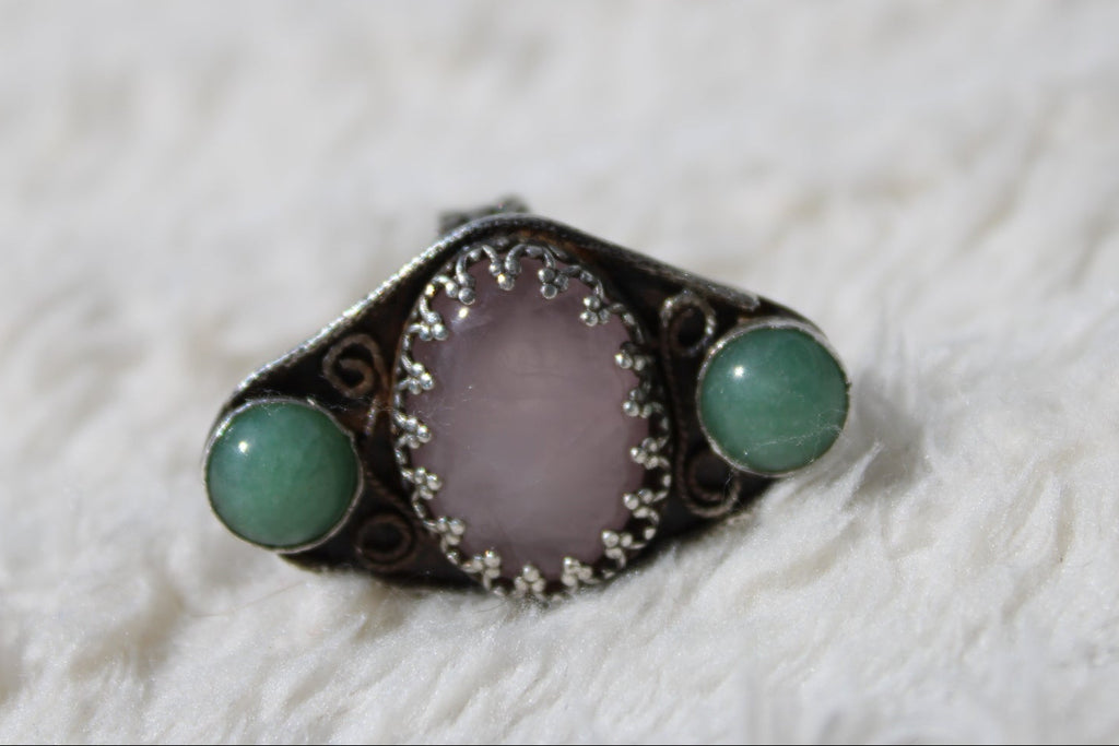 Rose Quartz & Green Aventurine Sterling Silver Filigree Ring | Three Stone Boho Crystal Ring | Handcrafted Gemstone Artisan for love, luck, and emotional well-being.