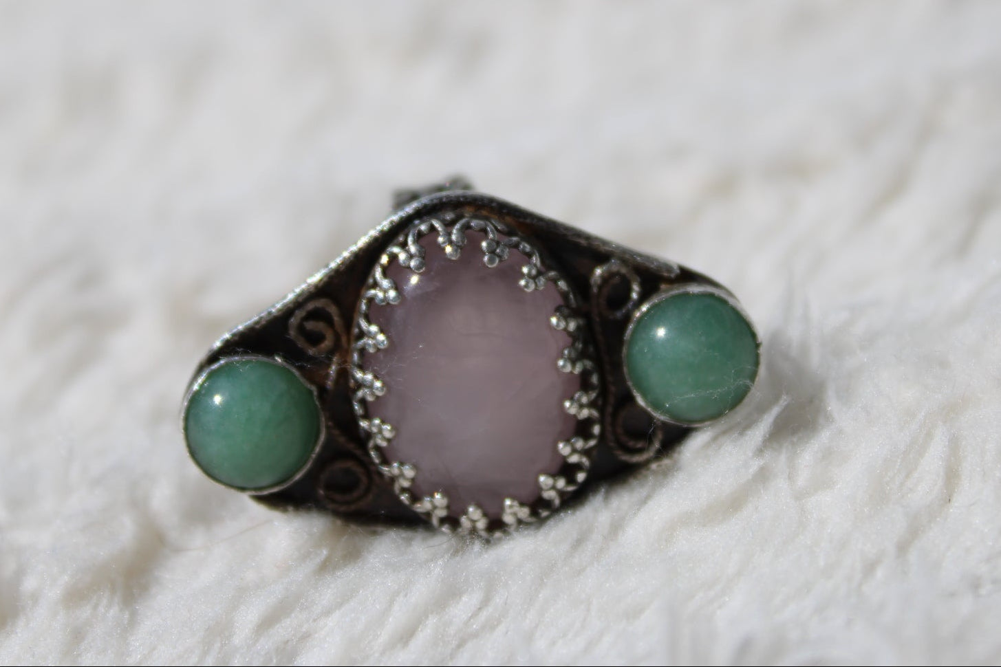 Rose Quartz & Green Aventurine Sterling Silver Filigree Ring | Three Stone Boho Crystal Ring | Handcrafted Gemstone Artisan for love, luck, and emotional well-being.