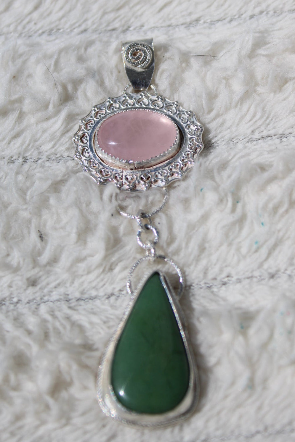 Rose Quartz & Green Jade Flower Dangle Pendant in Sterling & Fine Silver for love, harmony and good fortune.