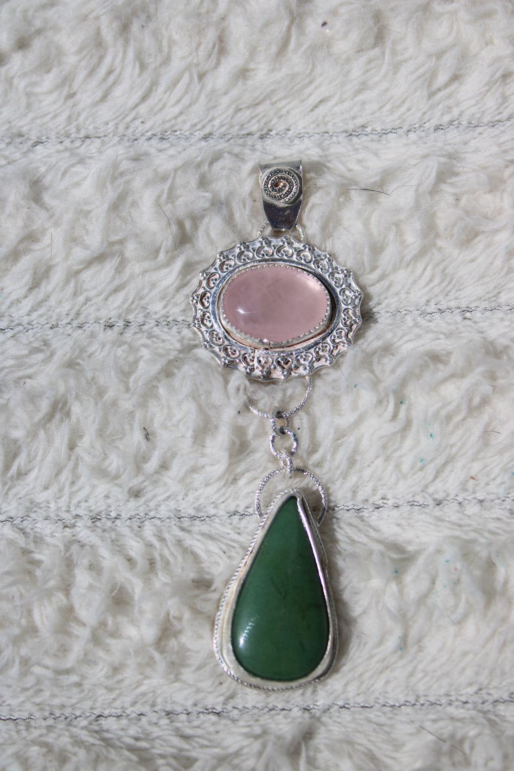 Rose Quartz & Green Jade Flower Dangle Pendant in Sterling & Fine Silver for love, harmony and good fortune.