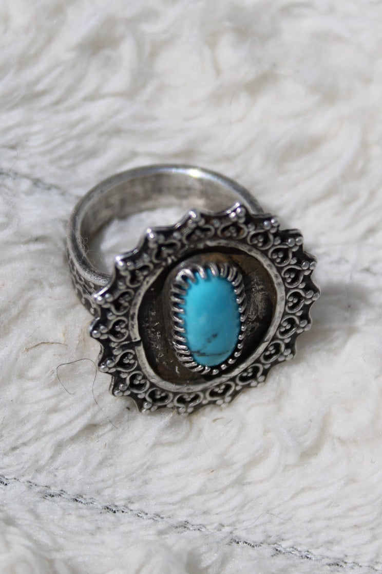 Kingman Turquoise Sterling and Fine Silver Flower Sunburst Statement Ring Size 7.5 | Oxidized Artisan Statement Ring | Handcrafted Boho Crystal Ring for peace, calm, protection and wisdom.