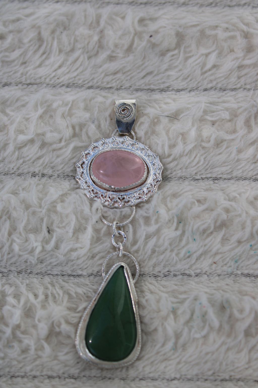 Rose Quartz & Green Jade Flower Dangle Pendant in Sterling & Fine Silver for love, harmony and good fortune.