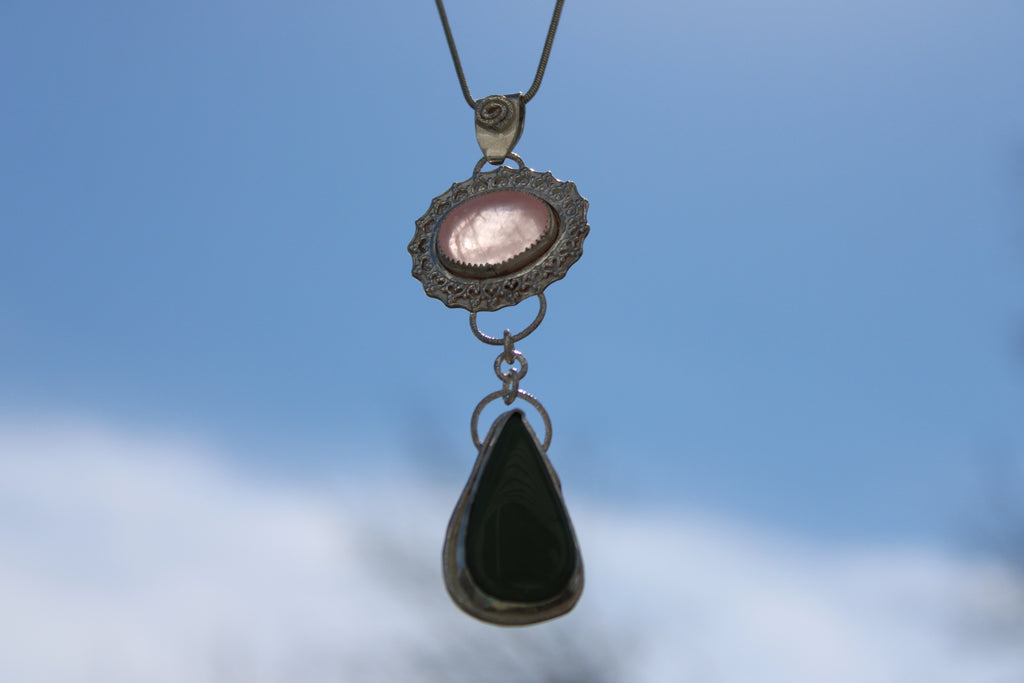 Rose Quartz & Green Jade Flower Dangle Pendant in Sterling & Fine Silver for love, harmony and good fortune.