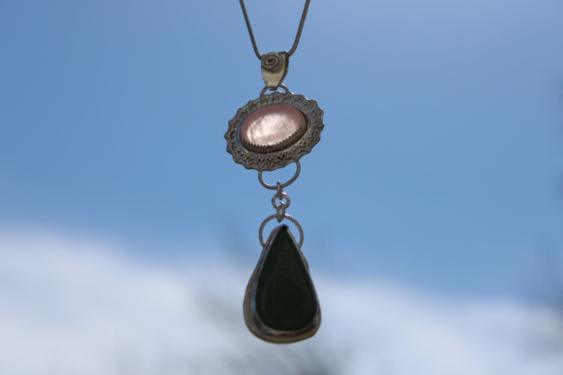Rose Quartz & Green Jade Flower Dangle Pendant in Sterling & Fine Silver for love, harmony and good fortune.