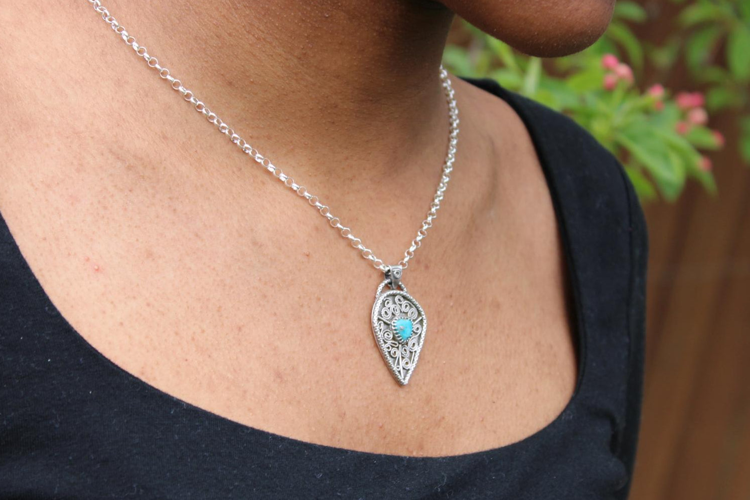 Sterling Silver Filigree Pendant | Morenci Turquoise | One of a Kind - Statement piece - for protection, courage and calm