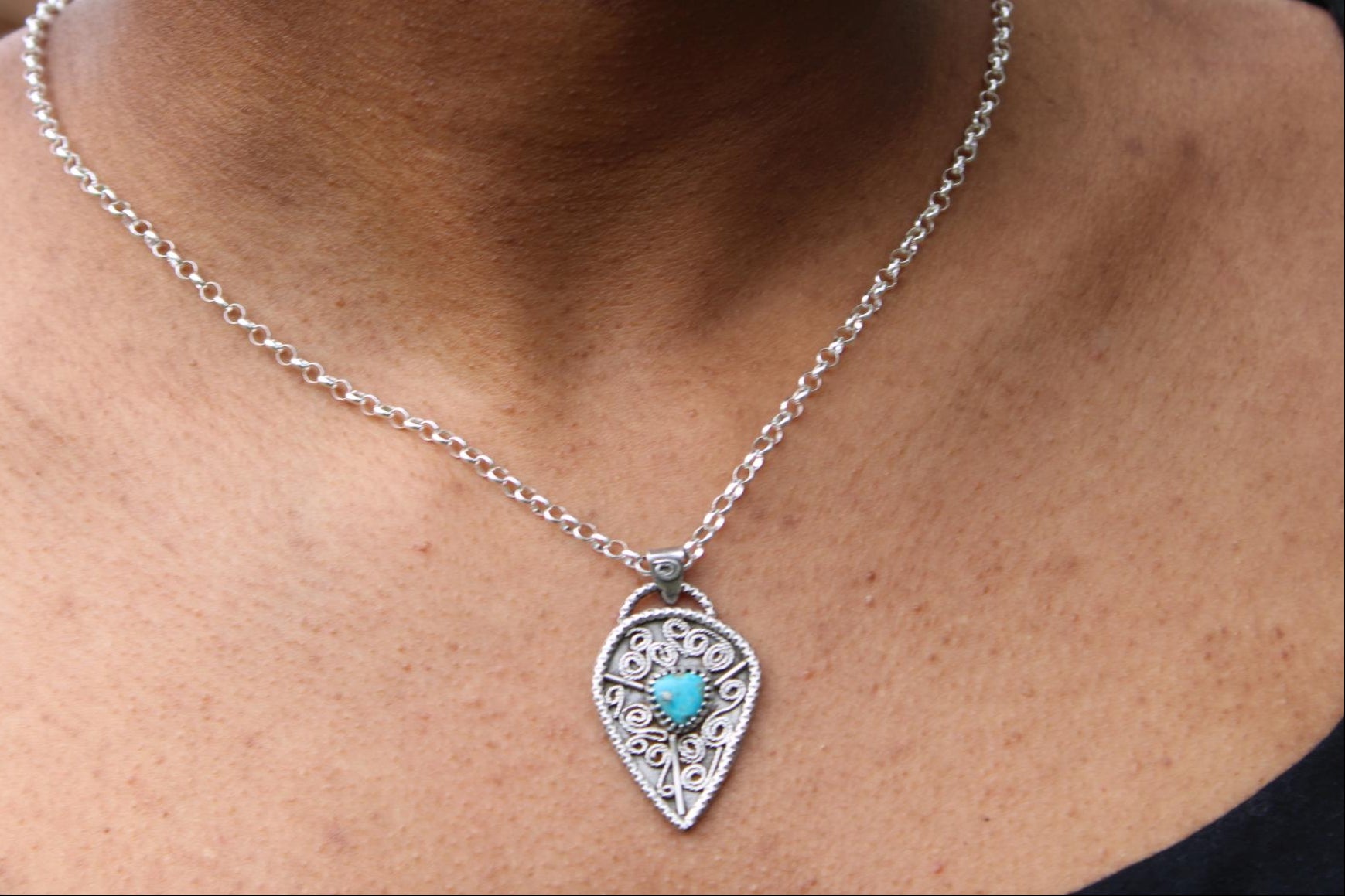 Sterling Silver Filigree Pendant | Morenci Turquoise | One of a Kind - Statement piece - for protection, courage and calm