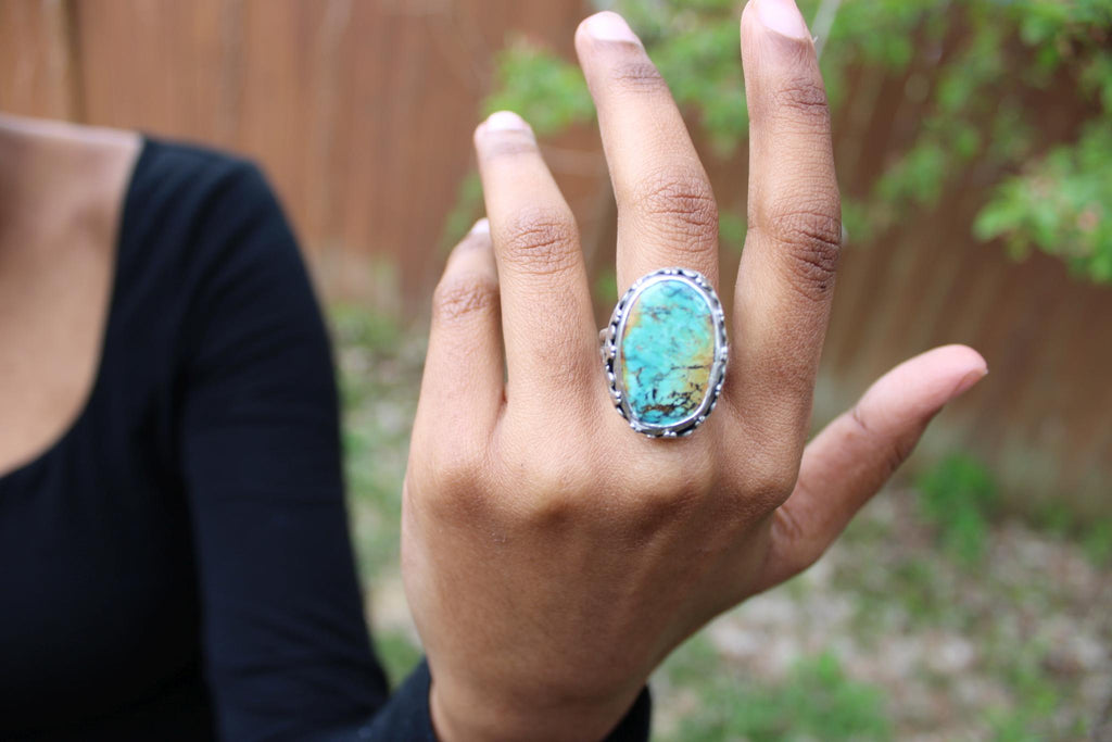 Qingu Hubei Turquoise Ring Sterling Silver | Size 9 - gemstone statement ring handmade - One-of-Kind - for grounding, protection and communication.