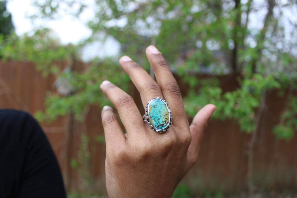 Qingu Hubei Turquoise Ring Sterling Silver | Size 9 - gemstone statement ring handmade - One-of-Kind - for grounding, protection and communication.