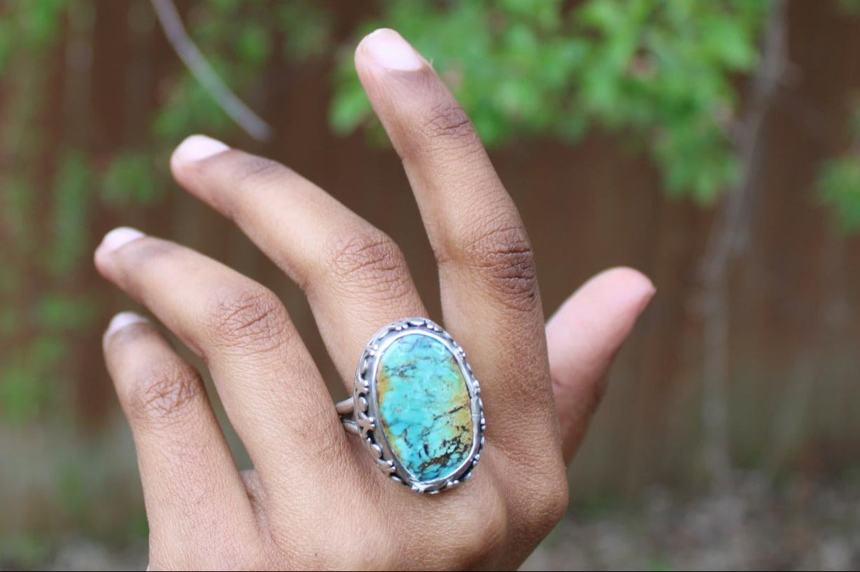 Qingu Hubei Turquoise Ring Sterling Silver | Size 9 - gemstone statement ring handmade - One-of-Kind - for grounding, protection and communication.