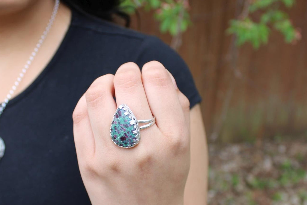 Ruby Kyanite Pear Shaped Statement Ring in Sterling Silver | Size 9 - for courage, action and clarity. One-of-Kind | Boho Gemstone Ring | Handmade