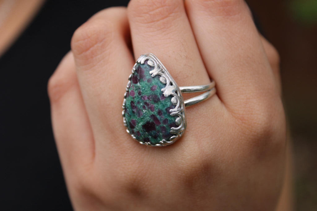 Ruby Kyanite Pear Shaped Statement Ring in Sterling Silver | Size 9 - for courage, action and clarity. One-of-Kind | Boho Gemstone Ring | Handmade