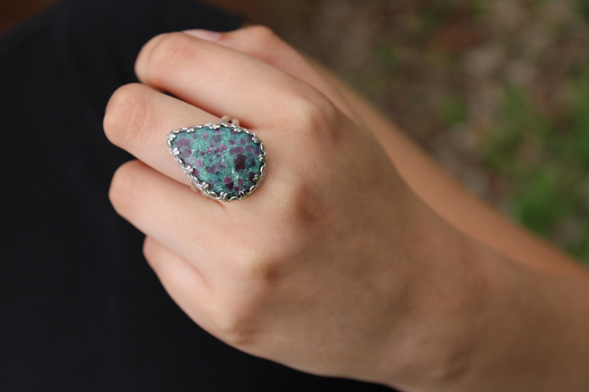 Ruby Kyanite Pear Shaped Statement Ring in Sterling Silver | Size 9 - for courage, action and clarity. One-of-Kind | Boho Gemstone Ring | Handmade