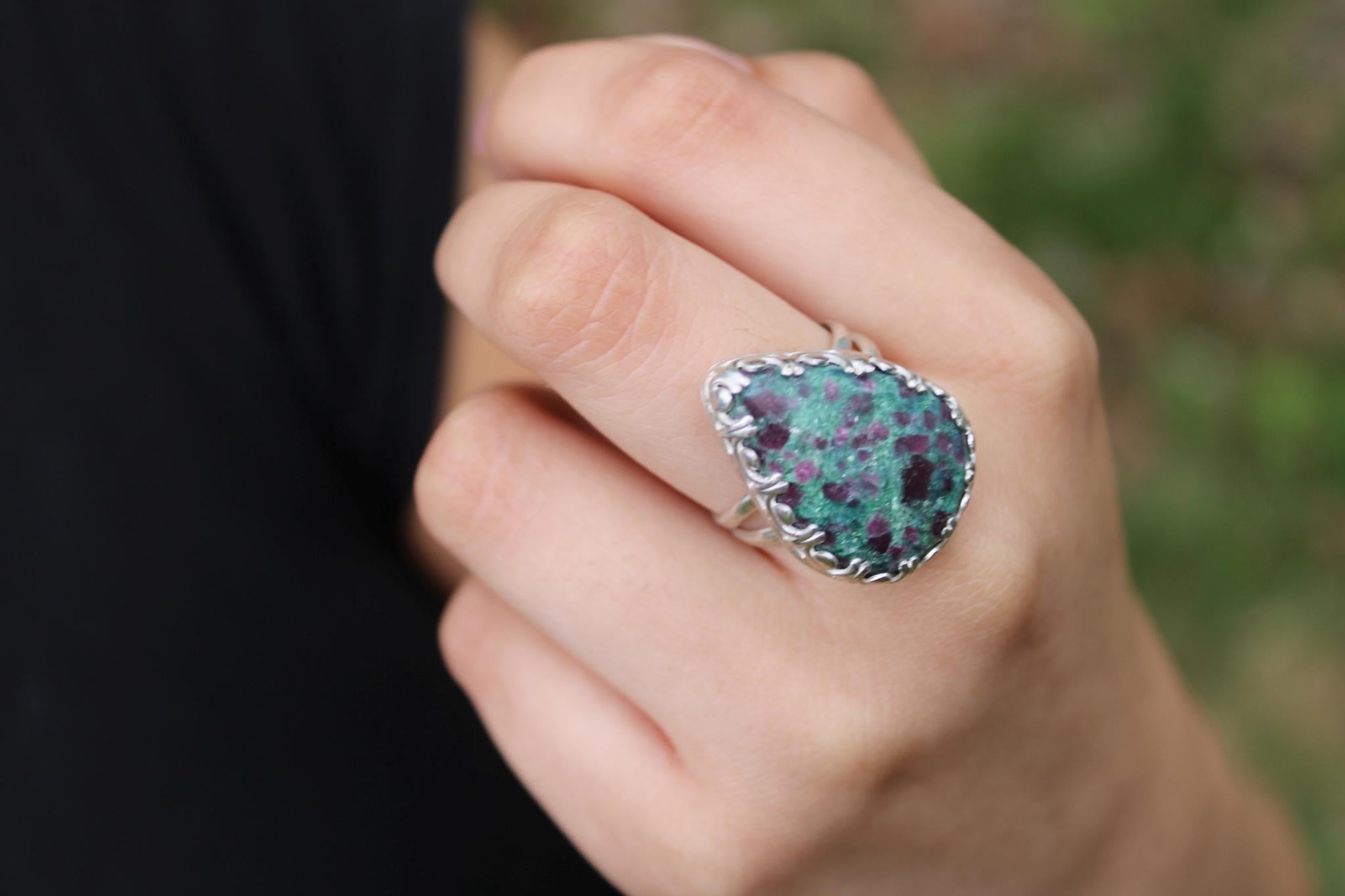 Ruby Kyanite Pear Shaped Statement Ring in Sterling Silver | Size 9 - for courage, action and clarity. One-of-Kind | Boho Gemstone Ring | Handmade