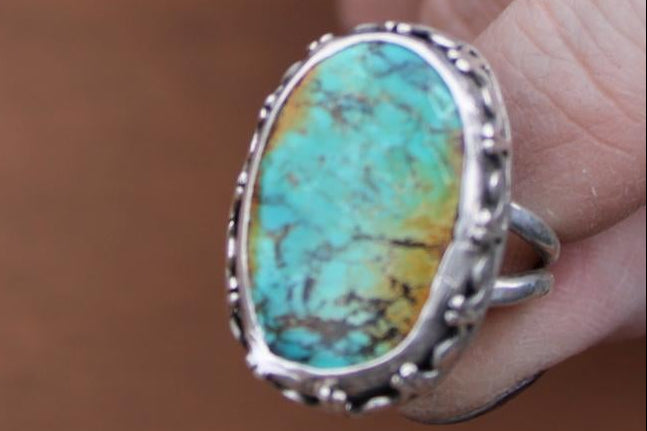 Qingu Hubei Turquoise Ring Sterling Silver | Size 9 - gemstone statement ring handmade - One-of-Kind - for grounding, protection and communication.