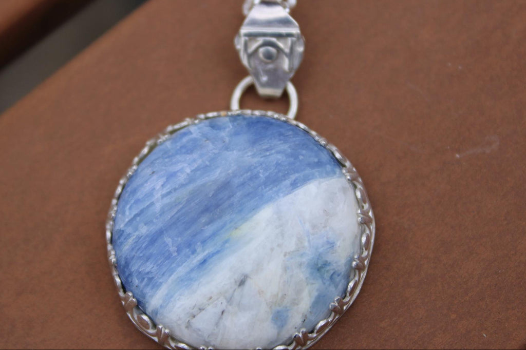 Blue Kyanite Quartz Round Pendant Sterling Silver | One of a Kind Handmade Pendant | Kyanite Jewelry | Boho Gemstone Pendant | Crystal Healing for Peace and Clarity