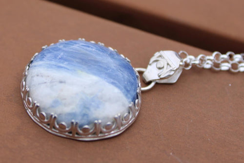 Blue Kyanite Quartz Round Pendant Sterling Silver | One of a Kind Handmade Pendant | Kyanite Jewelry | Boho Gemstone Pendant | Crystal Healing for Peace and Clarity