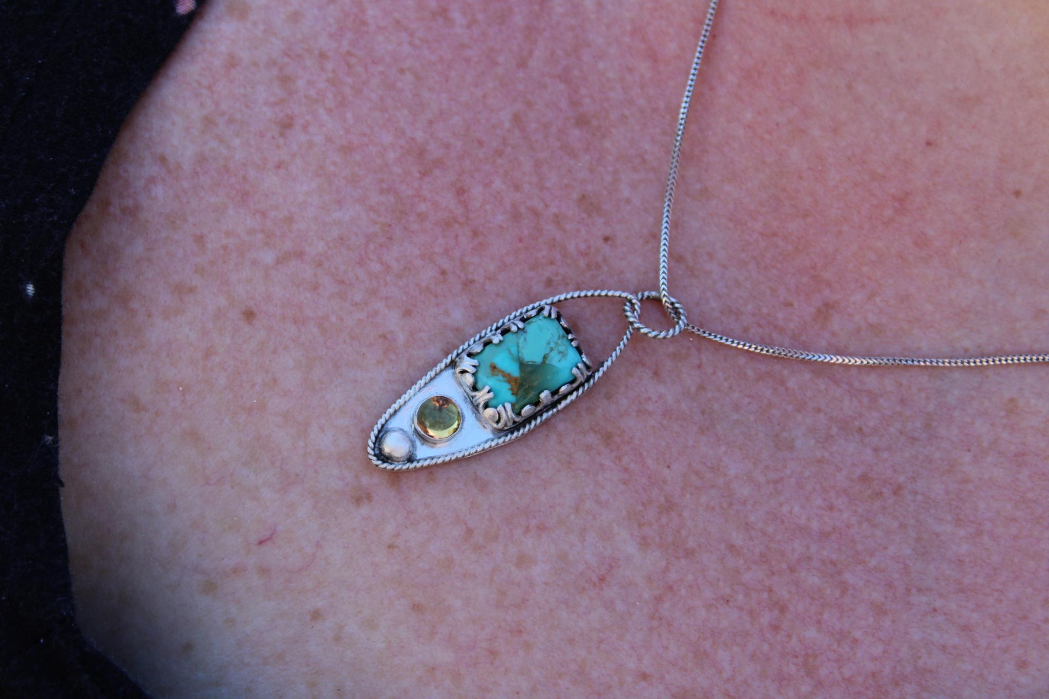 Kingman Mohave Turquoise and Citrine Sterling Silver Pendant in sterling silver for protection, grounding and positivity.