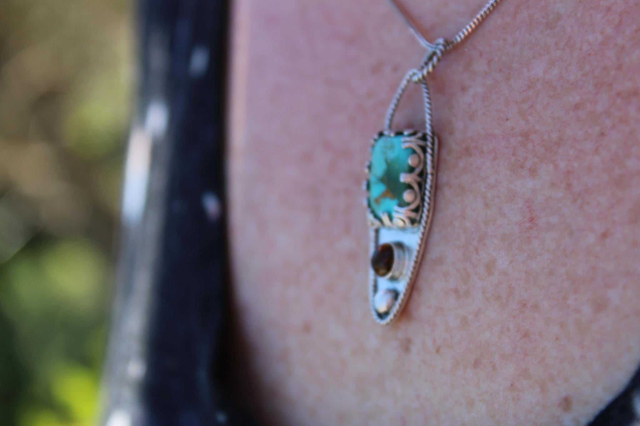 Kingman Mohave Turquoise and Citrine Sterling Silver Pendant in sterling silver for protection, grounding and positivity.