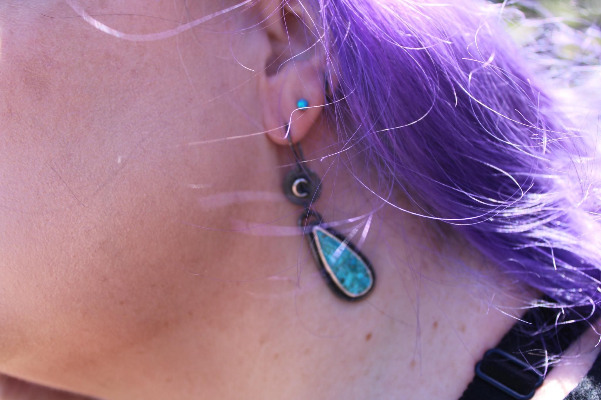 Kingman Mohave Turquoise Star and Moon Sterling Silver Earrings | Oxidized Celestial Moon Star Dangles | Handcrafted Boho Statement Jewelry for protection, grounding and intuition