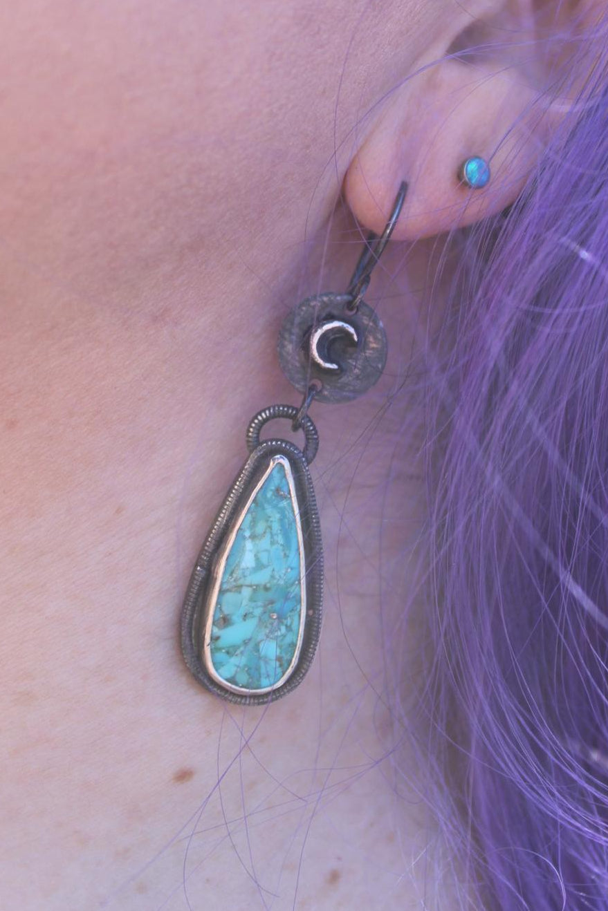 Kingman Mohave Turquoise Star and Moon Sterling Silver Earrings | Oxidized Celestial Moon Star Dangles | Handcrafted Boho Statement Jewelry for protection, grounding and intuition