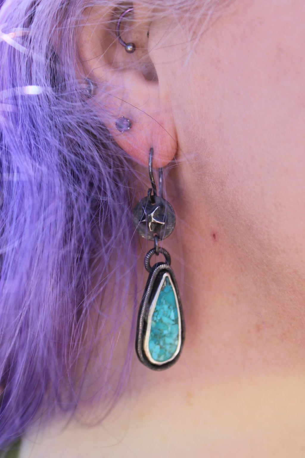 Kingman Mohave Turquoise Star and Moon Sterling Silver Earrings | Oxidized Celestial Moon Star Dangles | Handcrafted Boho Statement Jewelry for protection, grounding and intuition