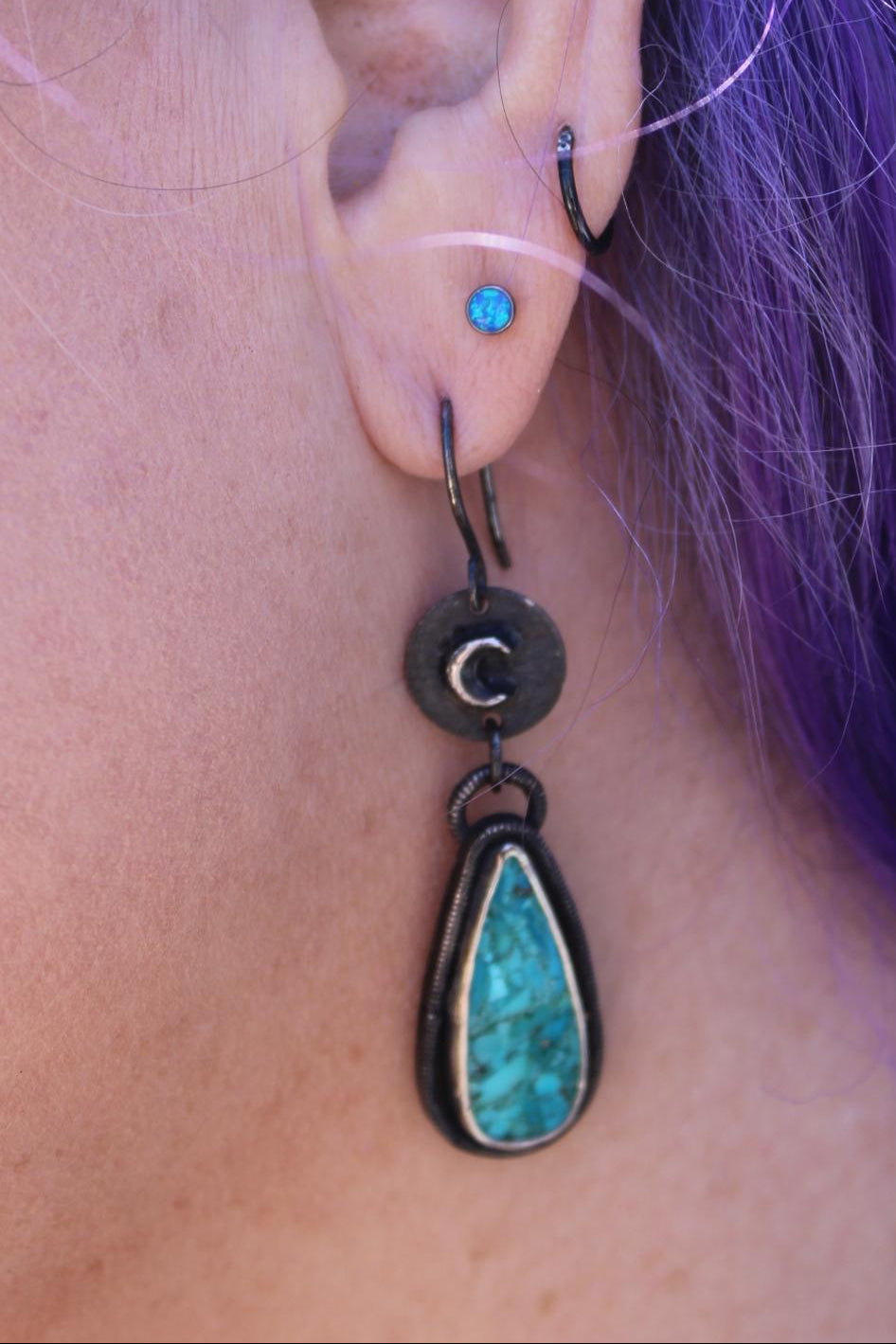 Kingman Mohave Turquoise Star and Moon Sterling Silver Earrings | Oxidized Celestial Moon Star Dangles | Handcrafted Boho Statement Jewelry for protection, grounding and intuition