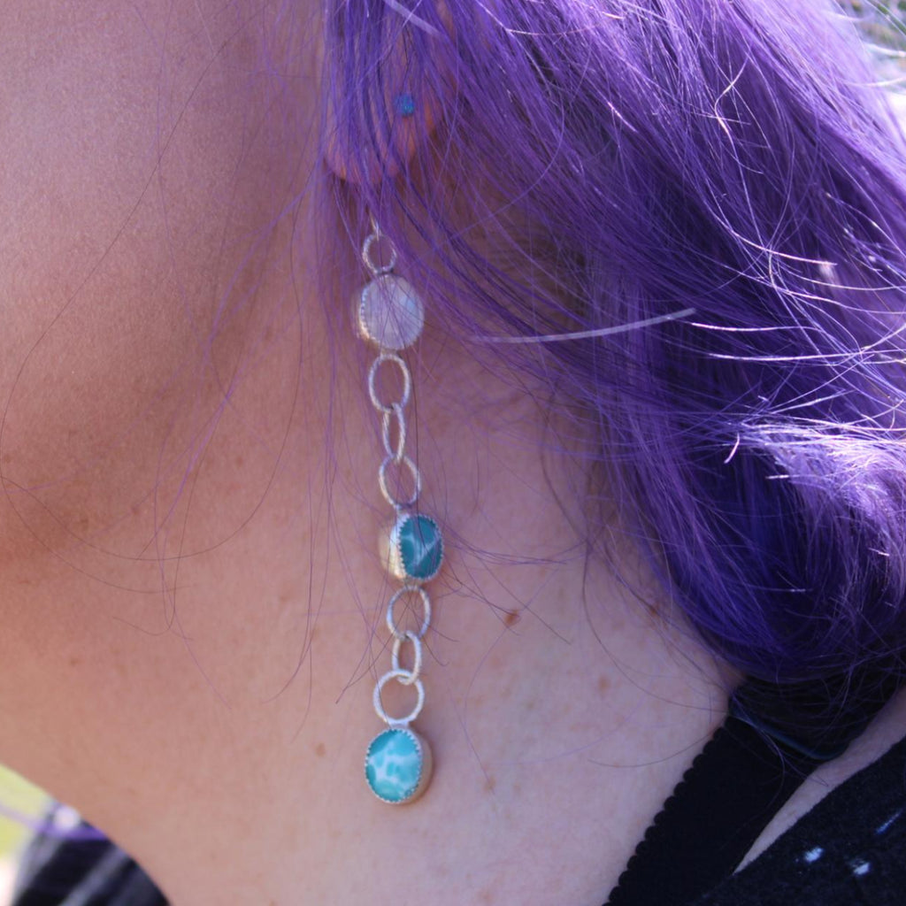 Dangle Sterling Silver Larimar and Rainbow Moonstone Earrings | Handcrafted | Ocean Stone | Healing Crystal Jewelry for grounding wisdom and emotional clarity.