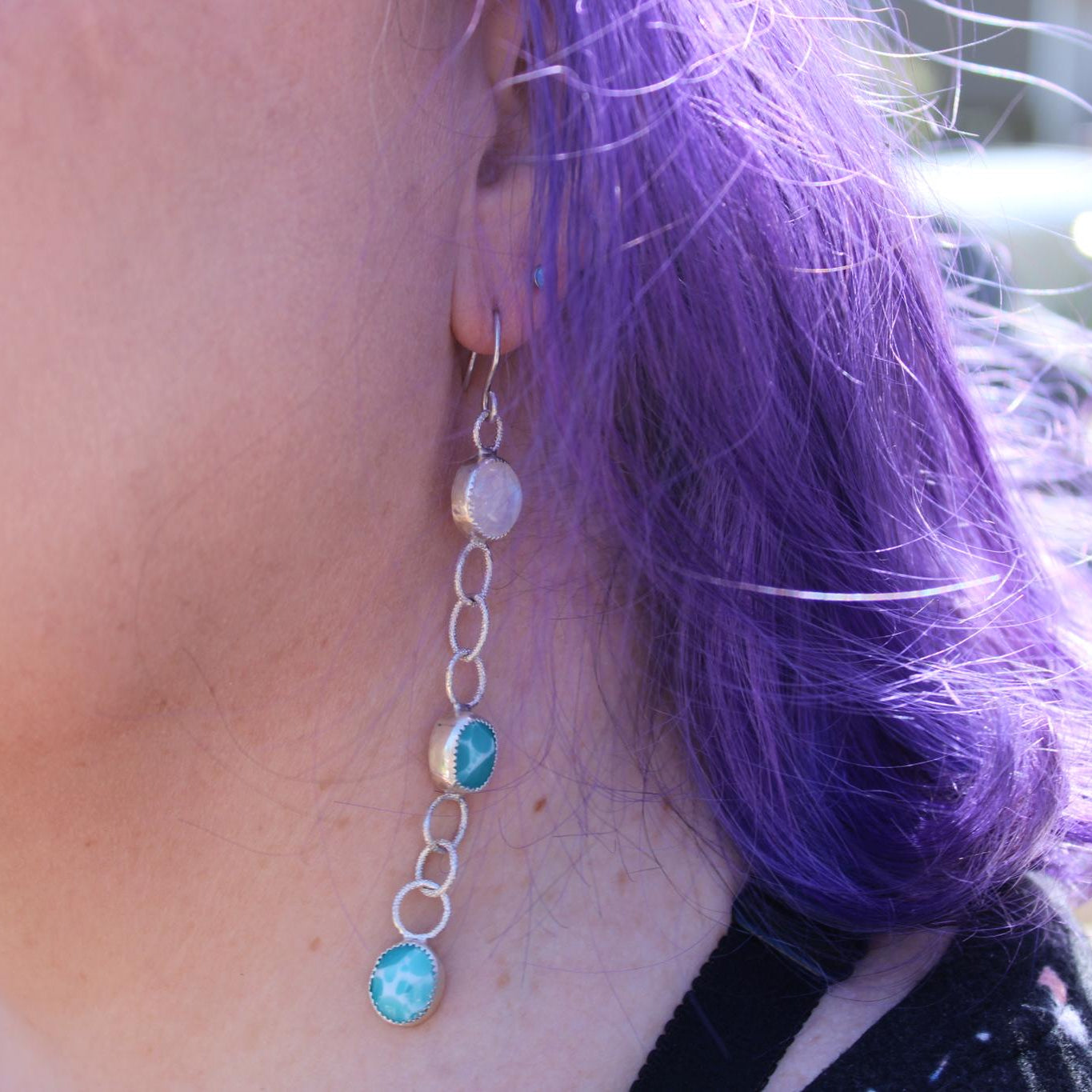 Dangle Sterling Silver Larimar and Rainbow Moonstone Earrings | Handcrafted | Ocean Stone | Healing Crystal Jewelry for grounding wisdom and emotional clarity.